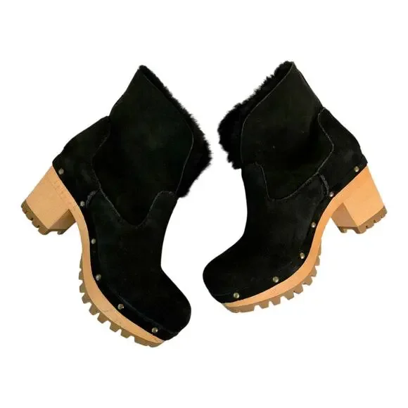 Ugg Thebes Black Suede Fur Lined Clog Boots Size 6 Chunky Platform Boho Winter - Picture 2 of 12